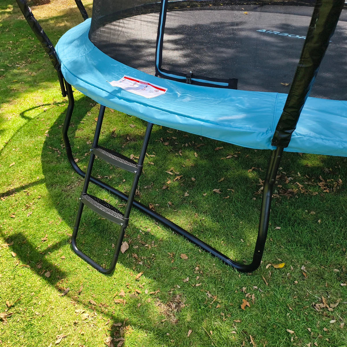Trampoline with a ladder on a grassy area