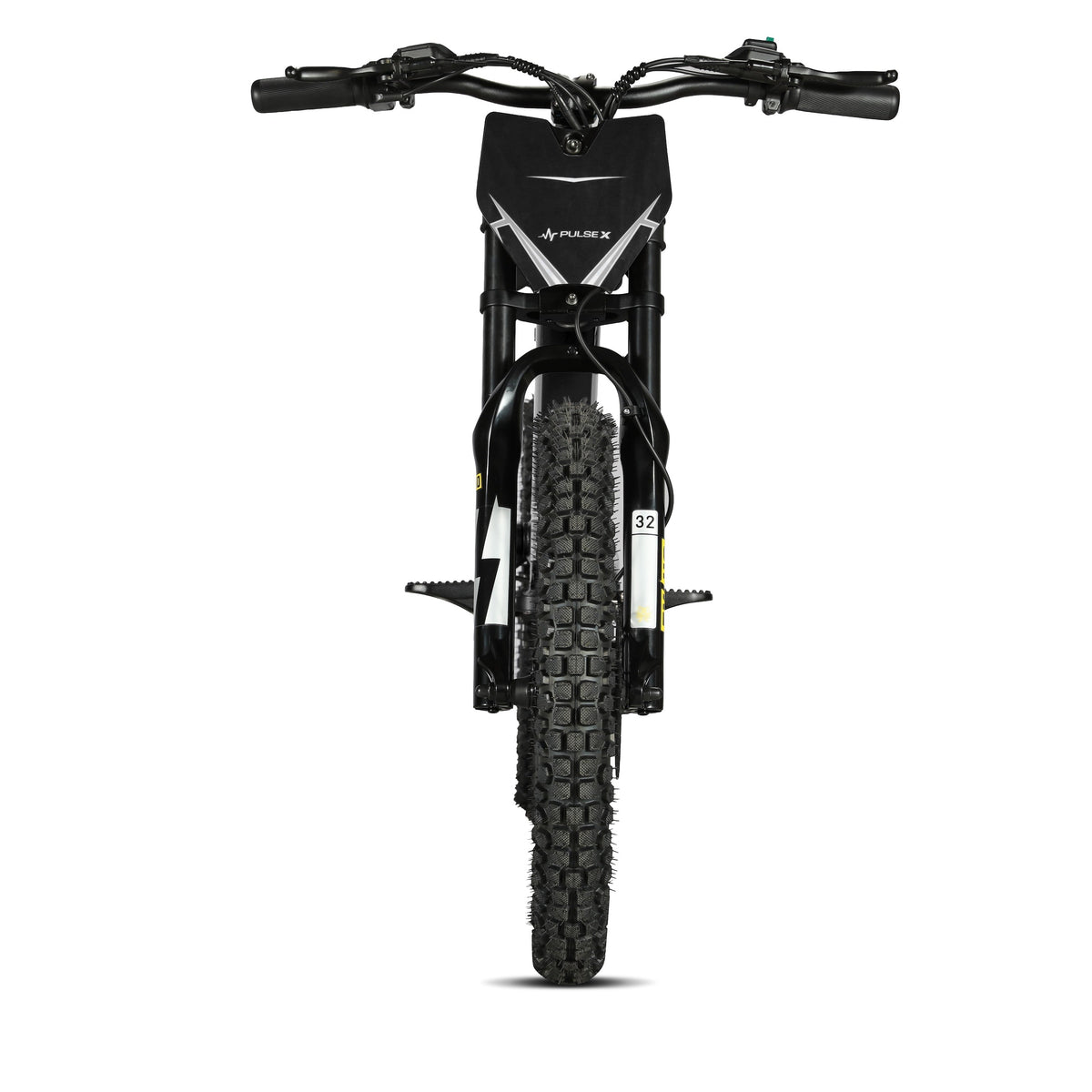 Front view of a black electric dirt bike with knobby tires, black handlebars, and a black battery pack mounted on the frame, shown against a solid white background.