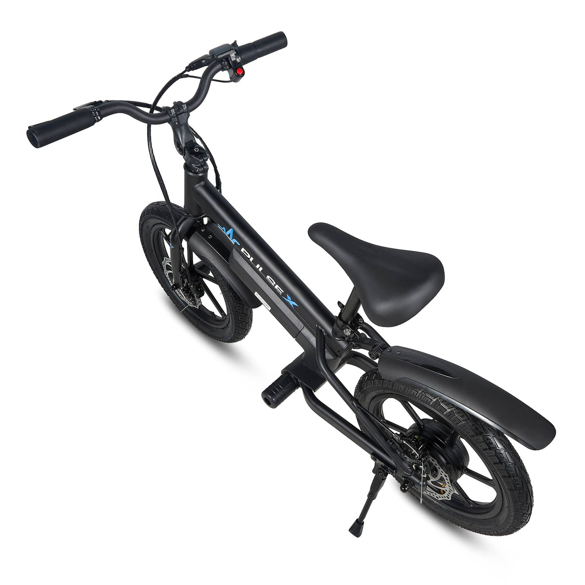 A black electric bicycle with a matte finish, featuring a black saddle, fenders, and handlebars, shown from a high-angle perspective on a white background.