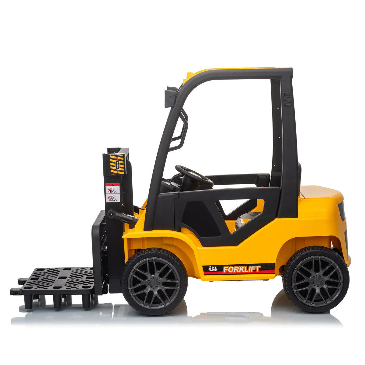 Toy forklift with black and yellow colors on a white background