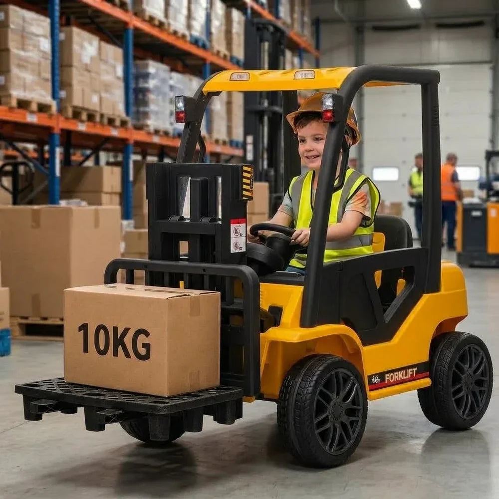 Child playing with a toy forklift in a warehouse setting