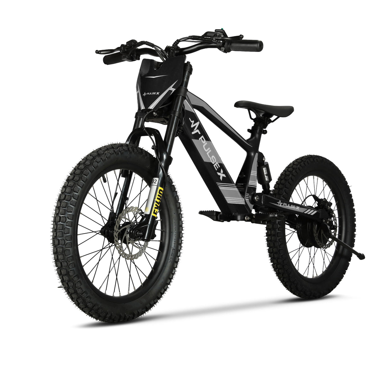 A black electric fat-tire bicycle with a front suspension fork, rear suspension, and a central battery pack, shown from a three-quarters angle on a white background.