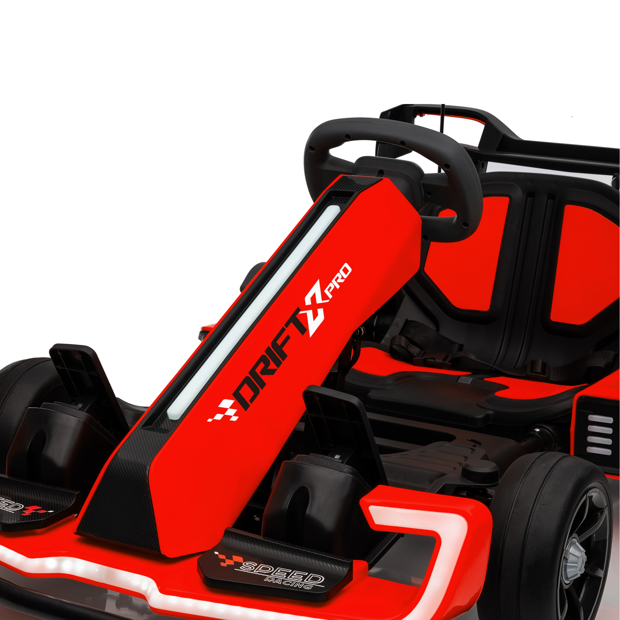 Red and black go-kart with 'Drift X Pro' branding on a white background