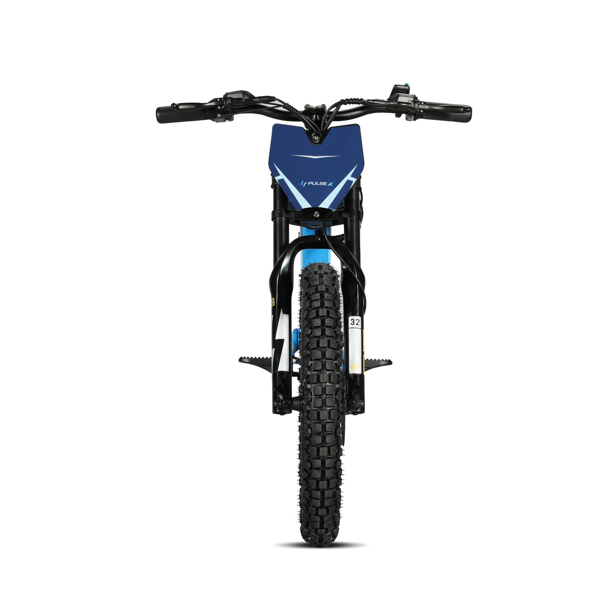 Front view of a black and blue electric dirt bike with knobby tires, shown on a solid white background.