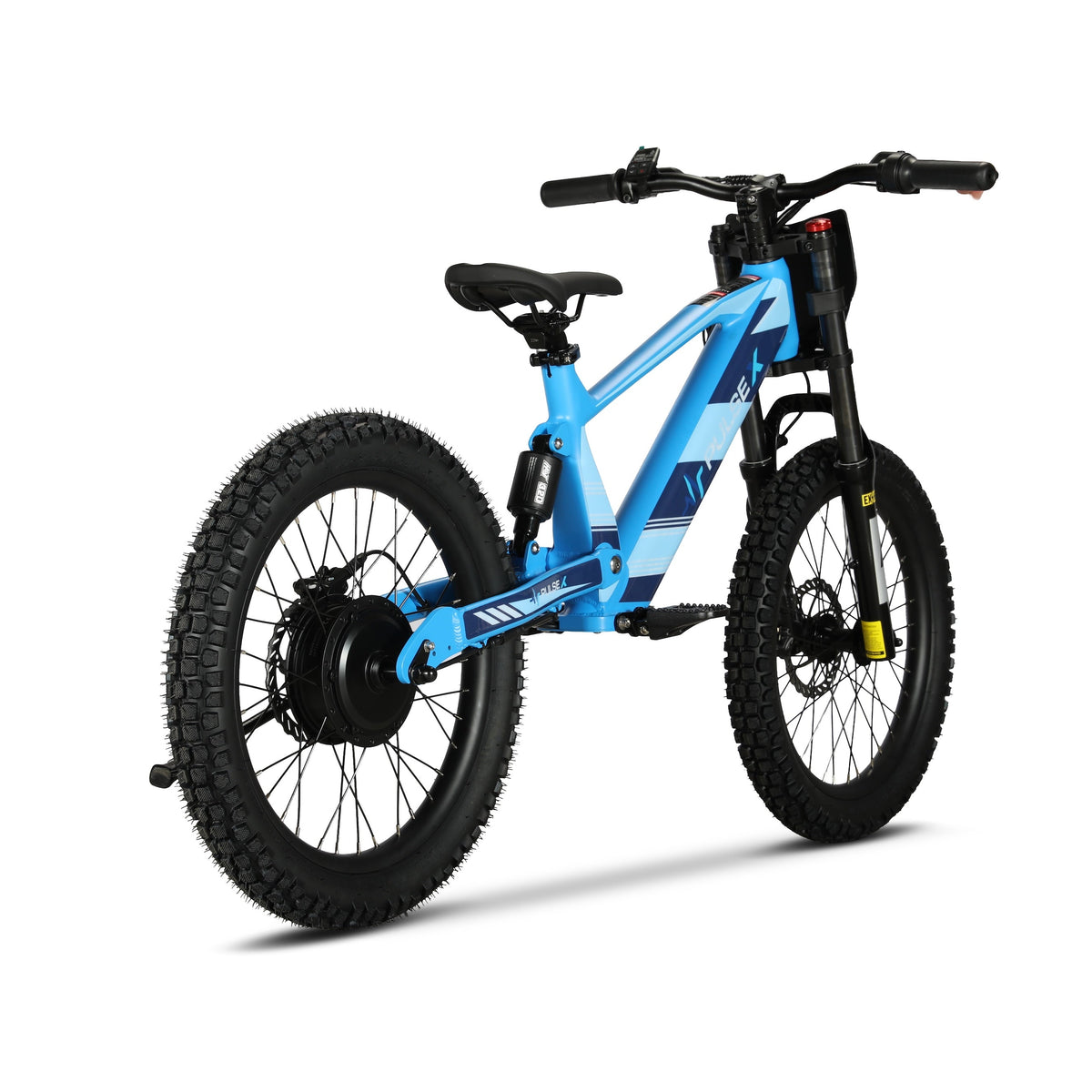 A blue and black electric mountain bike with fat tires, a front suspension fork, and a central battery pack, shown from a three-quarters angle on a white background.