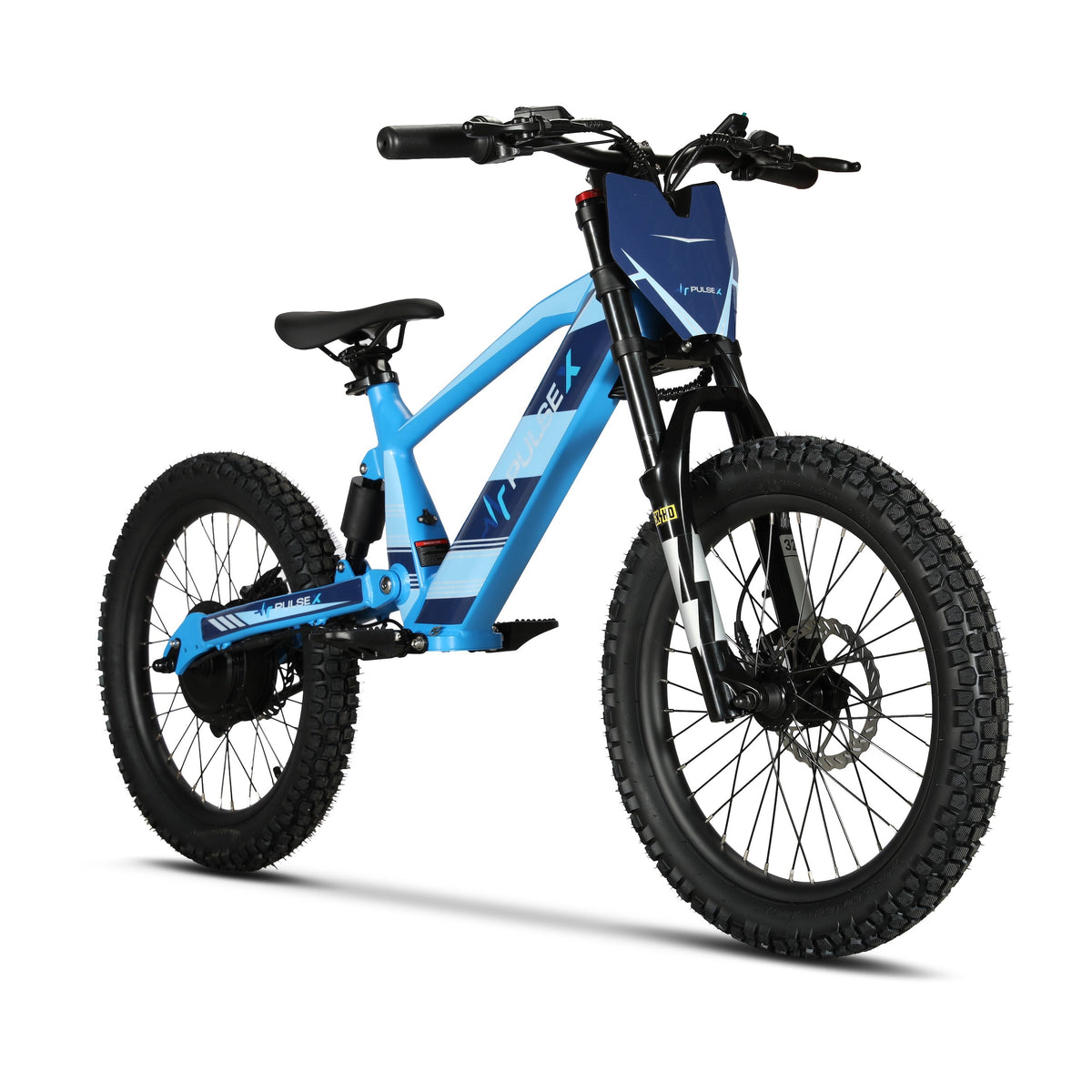 A blue and black electric mountain bike with knobby tires, a suspension fork, and a rear battery pack, shown on a clean white background.