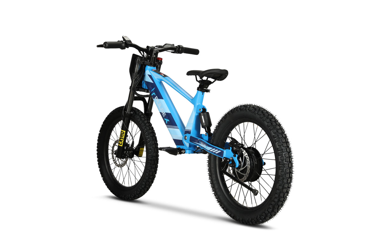 A blue and black full-suspension electric mountain bike with fat tires, shown from a three-quarters rear angle on a white background.