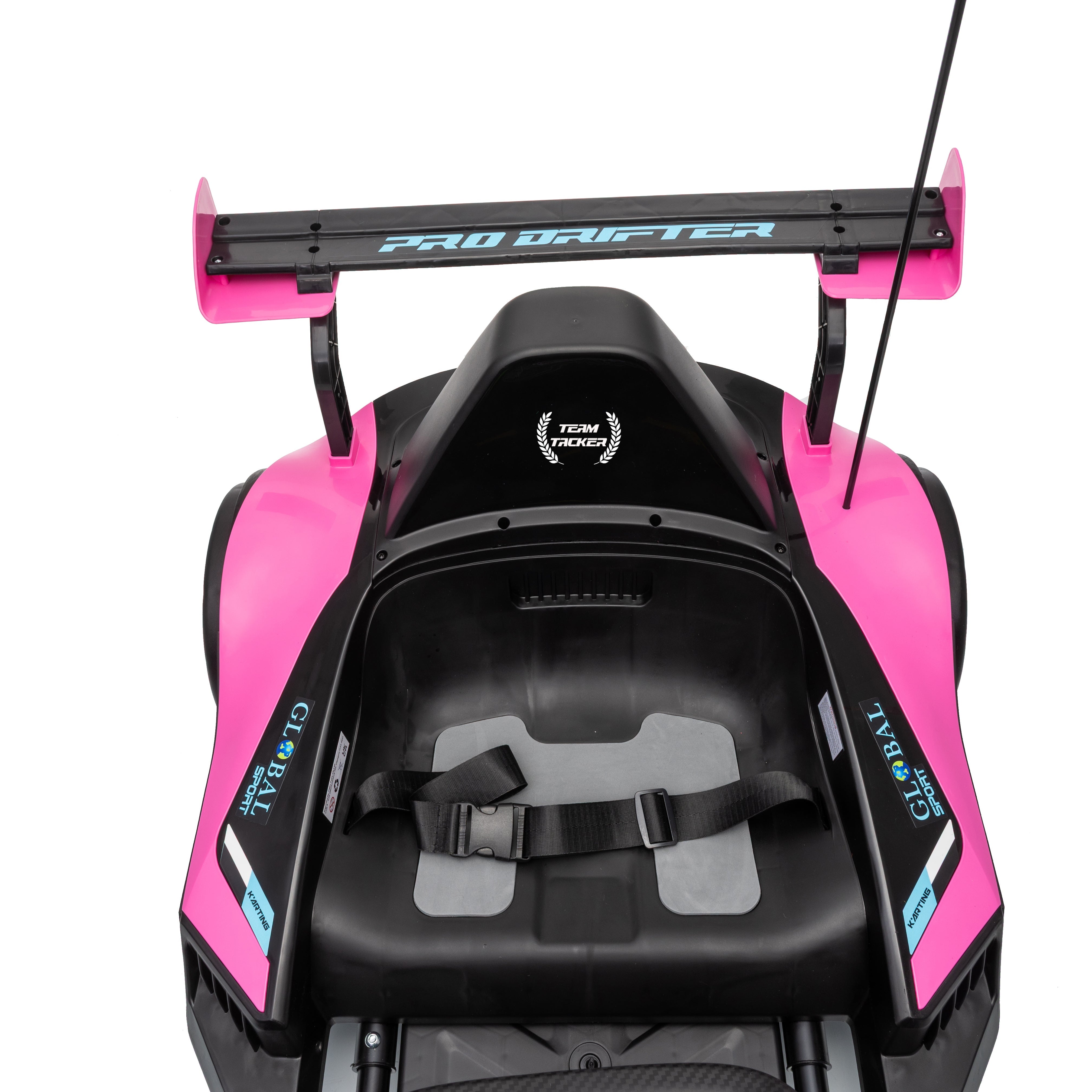 Pink and black child safety seat with visible branding on a white background