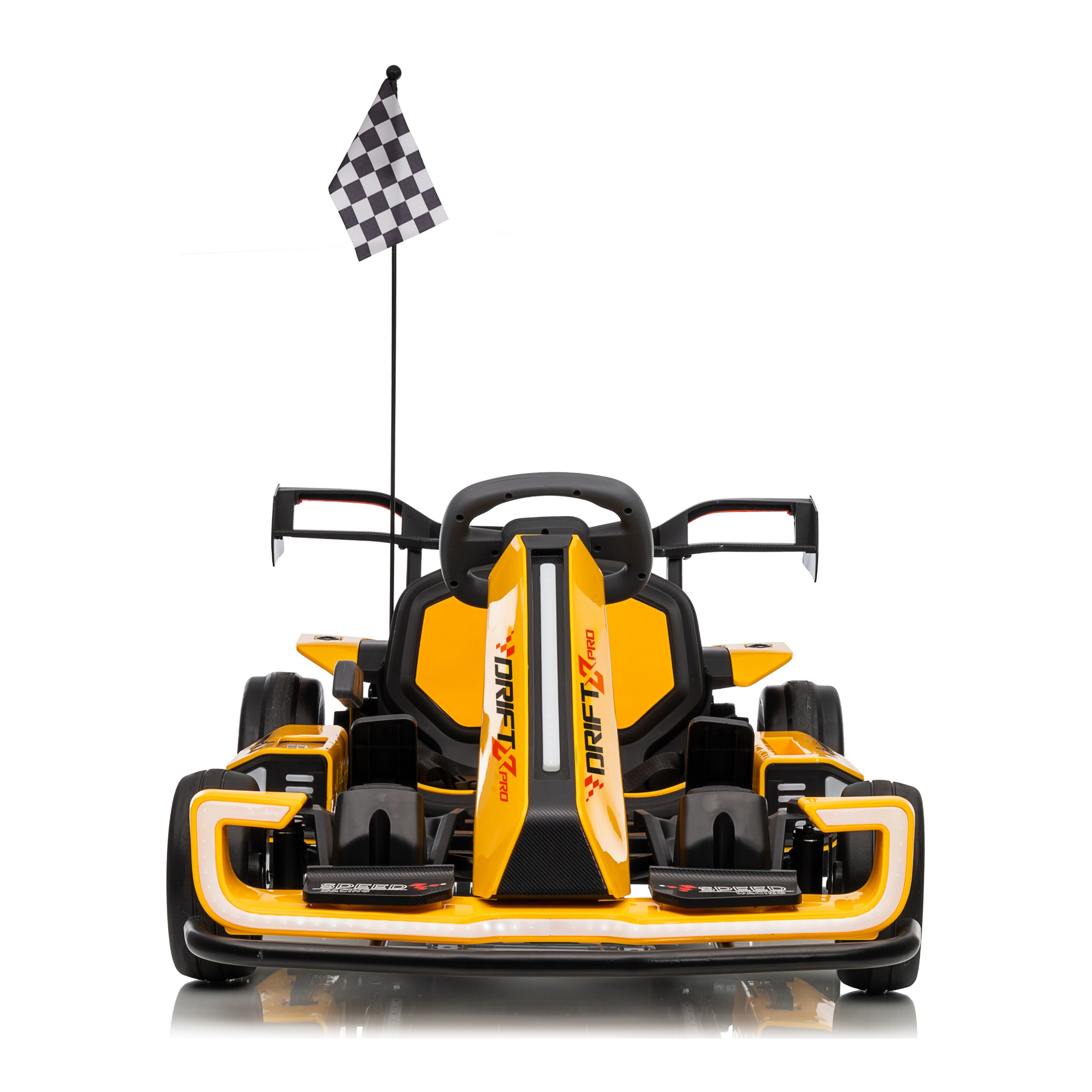 Yellow and black go-kart with a checkered flag on a white background