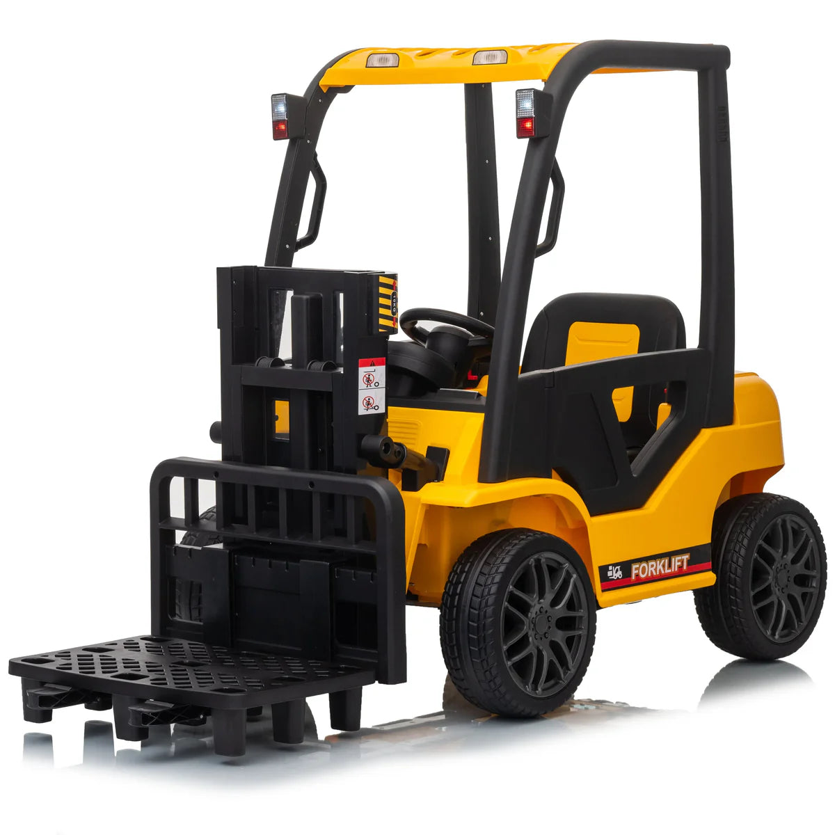 Toy forklift with black forks on a white background