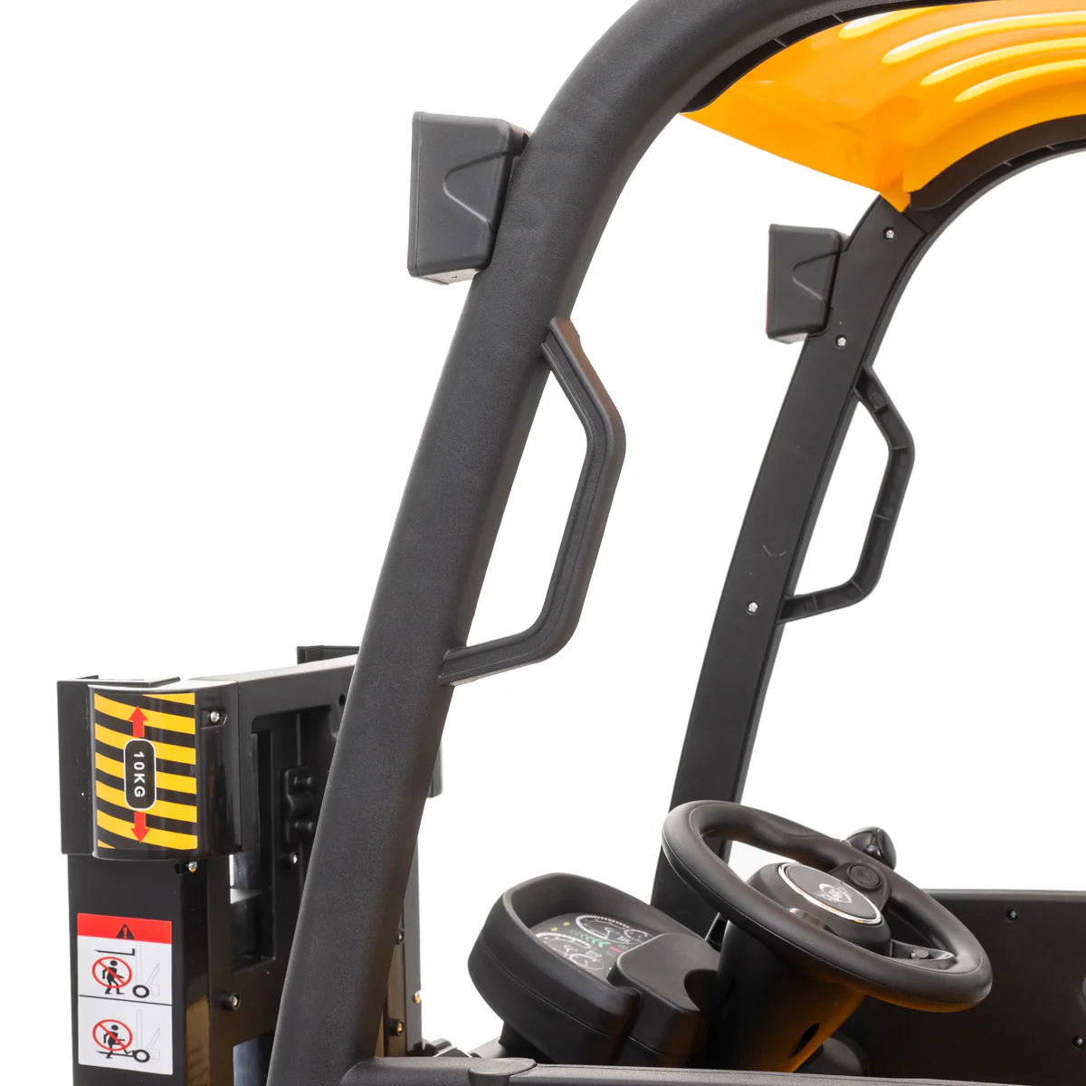 Close-up of a forklift seat and steering wheel on a white background