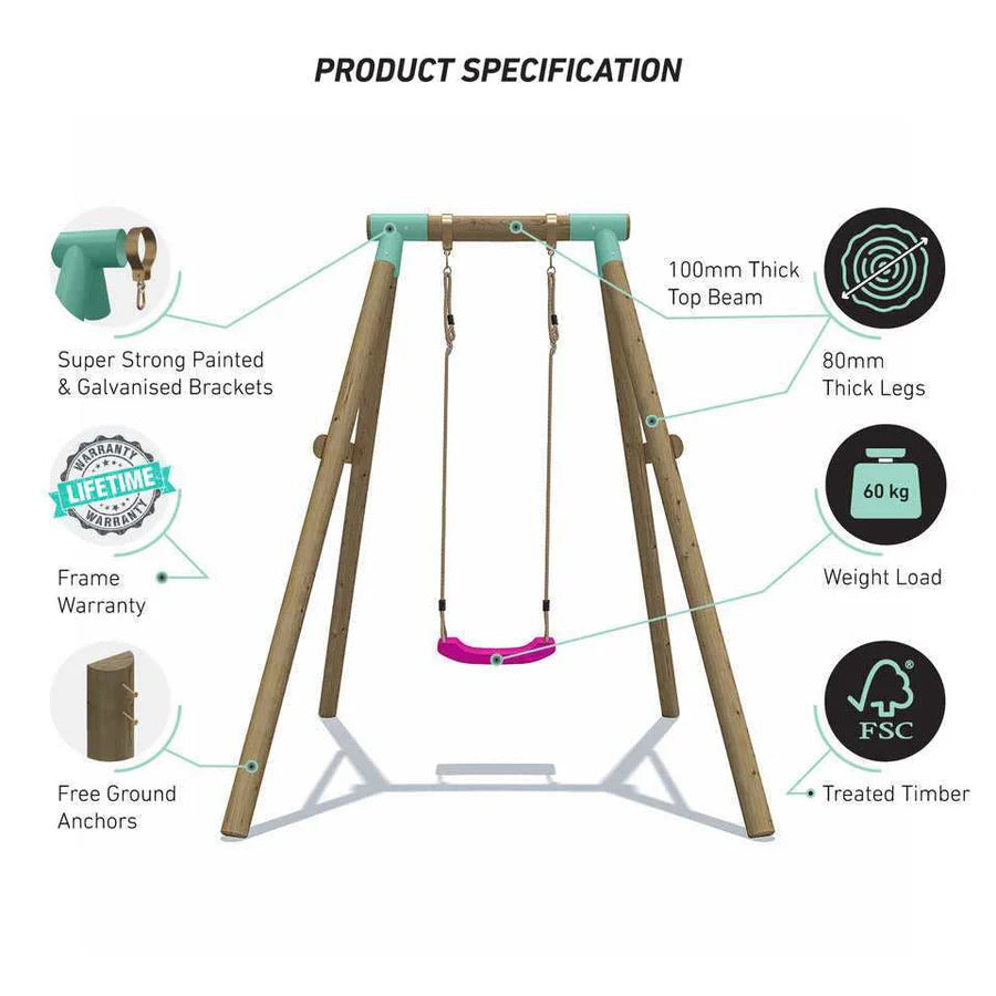 pink,red,lime green,blue,orange and yellow single seat wooden swing 