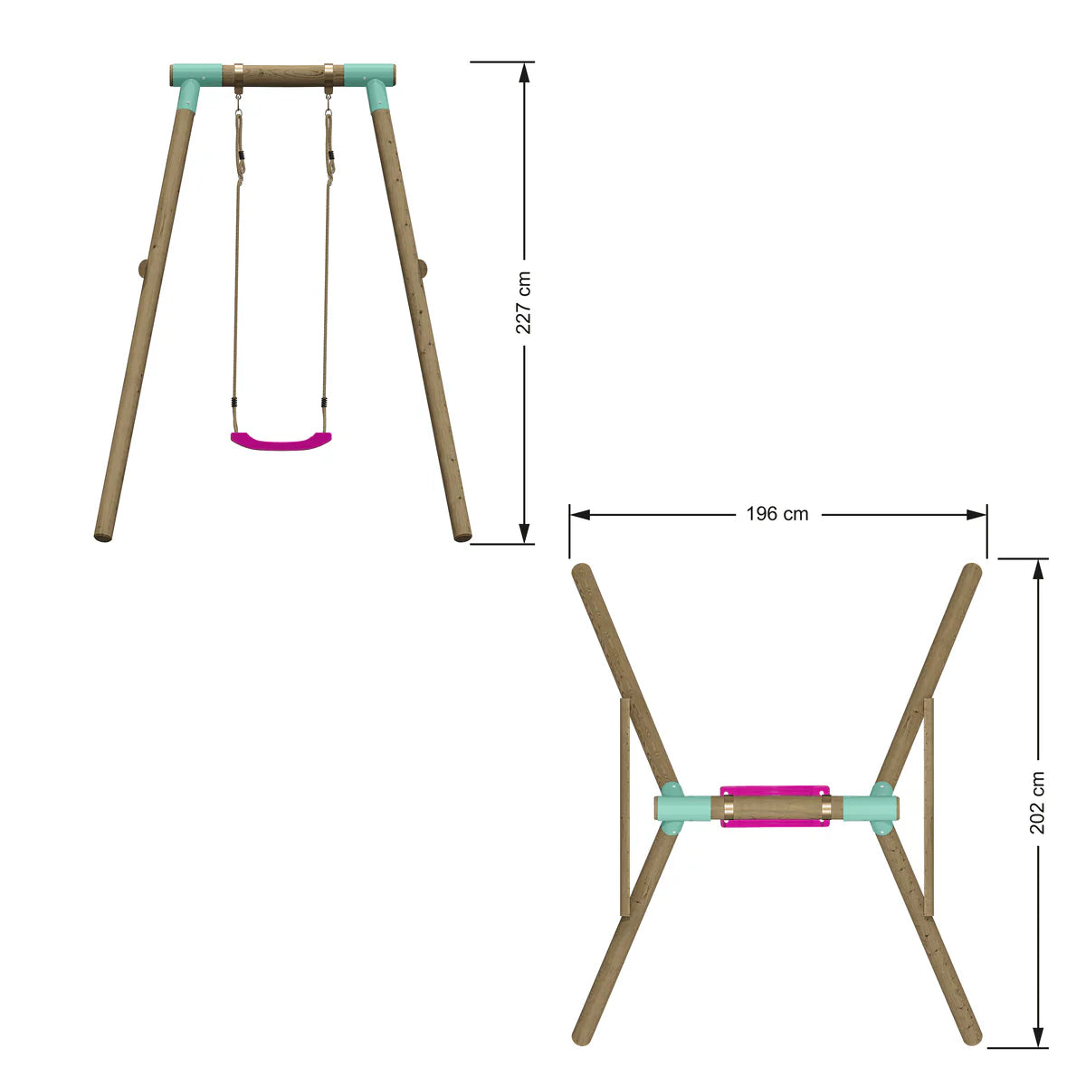 pink,red,lime green,blue,orange and yellow single seat wooden swing 