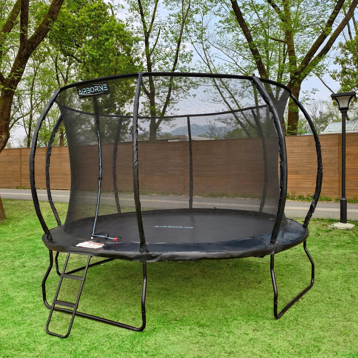 Trampoline with safety net and ladder on grassy area with trees in the background