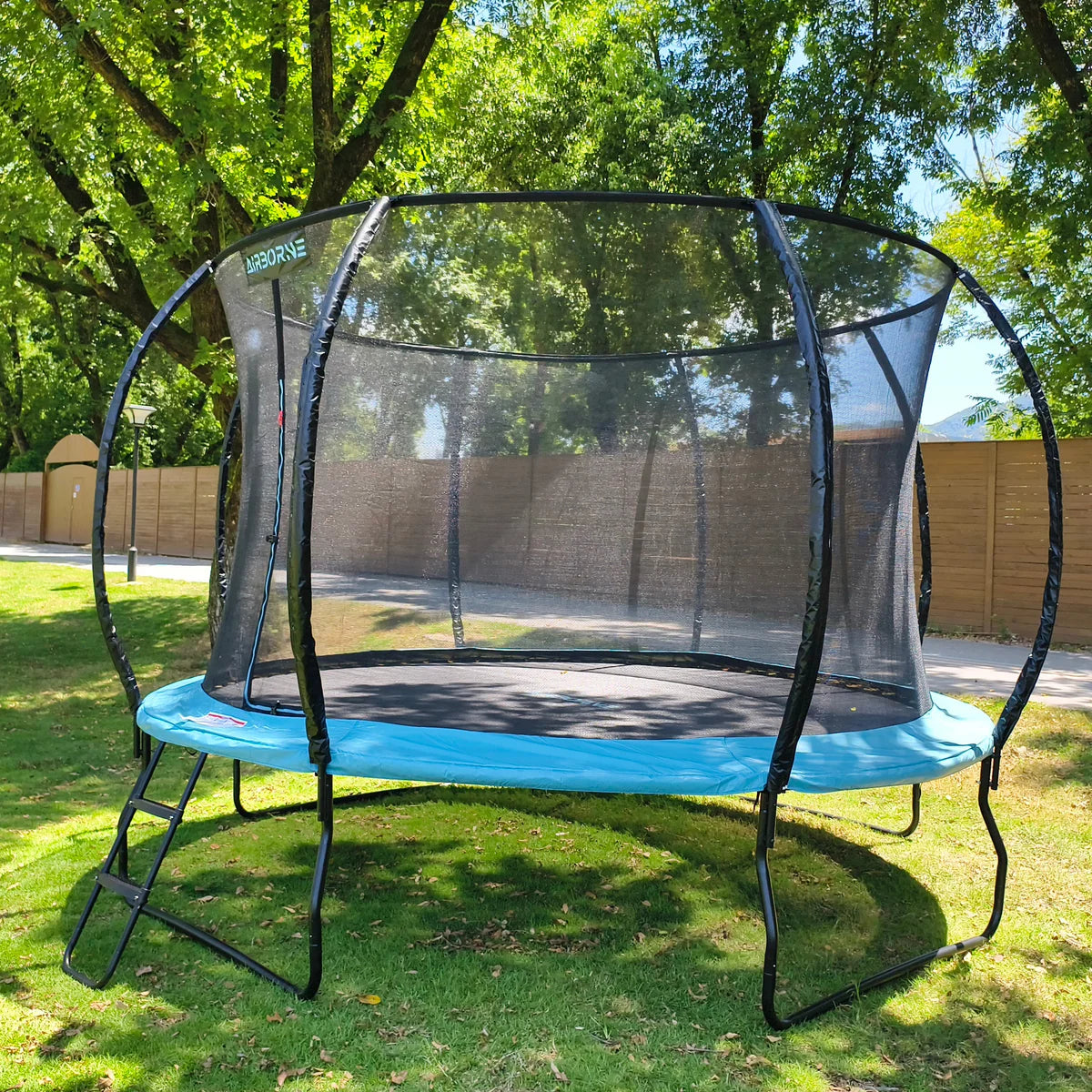 Trampoline with safety net and ladder on grassy area with trees in the background
