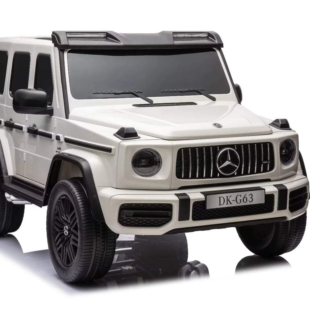 White toy car resembling a Mercedes-Benz G-Class on a white background