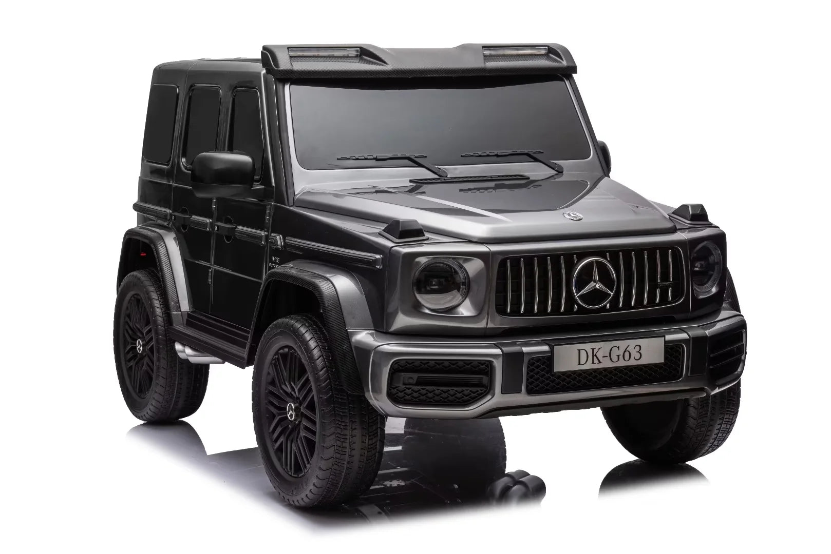 Grey Mercedes G63 kids electric car with realistic wheels
