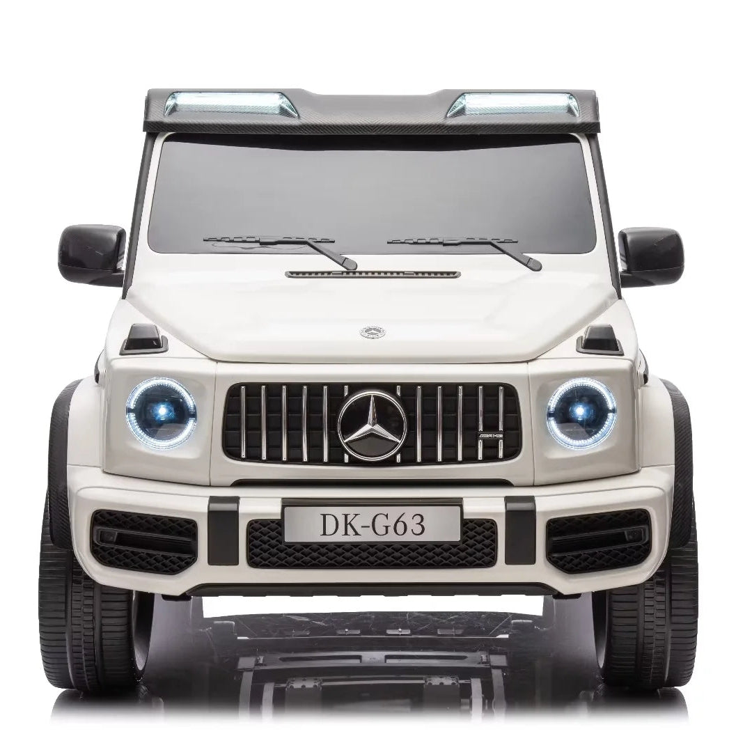 A white Mercedes-Benz G-Class style ride-on toy car shown from the front on a clean white background.