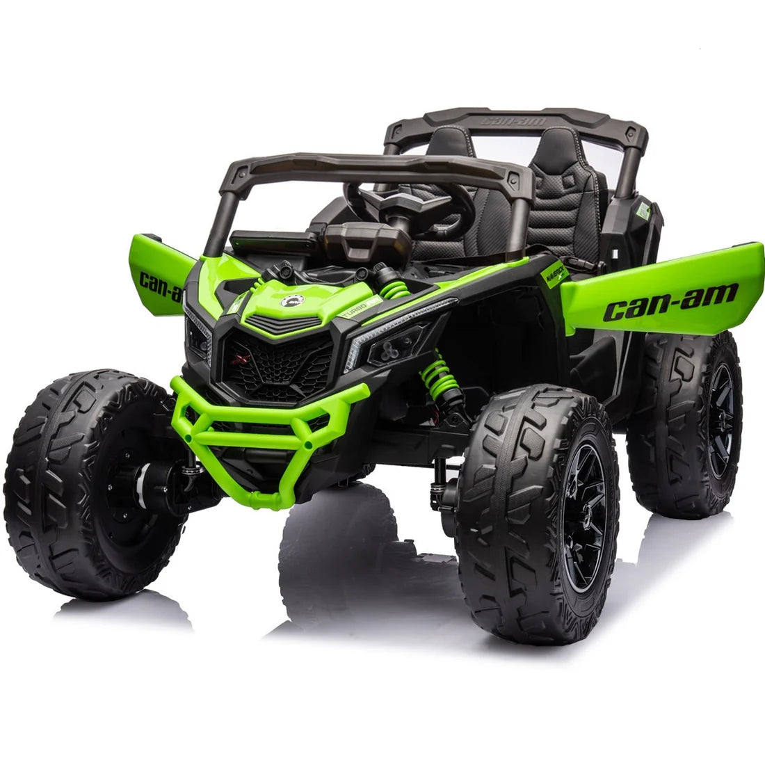 doors open of green can am and leather seats