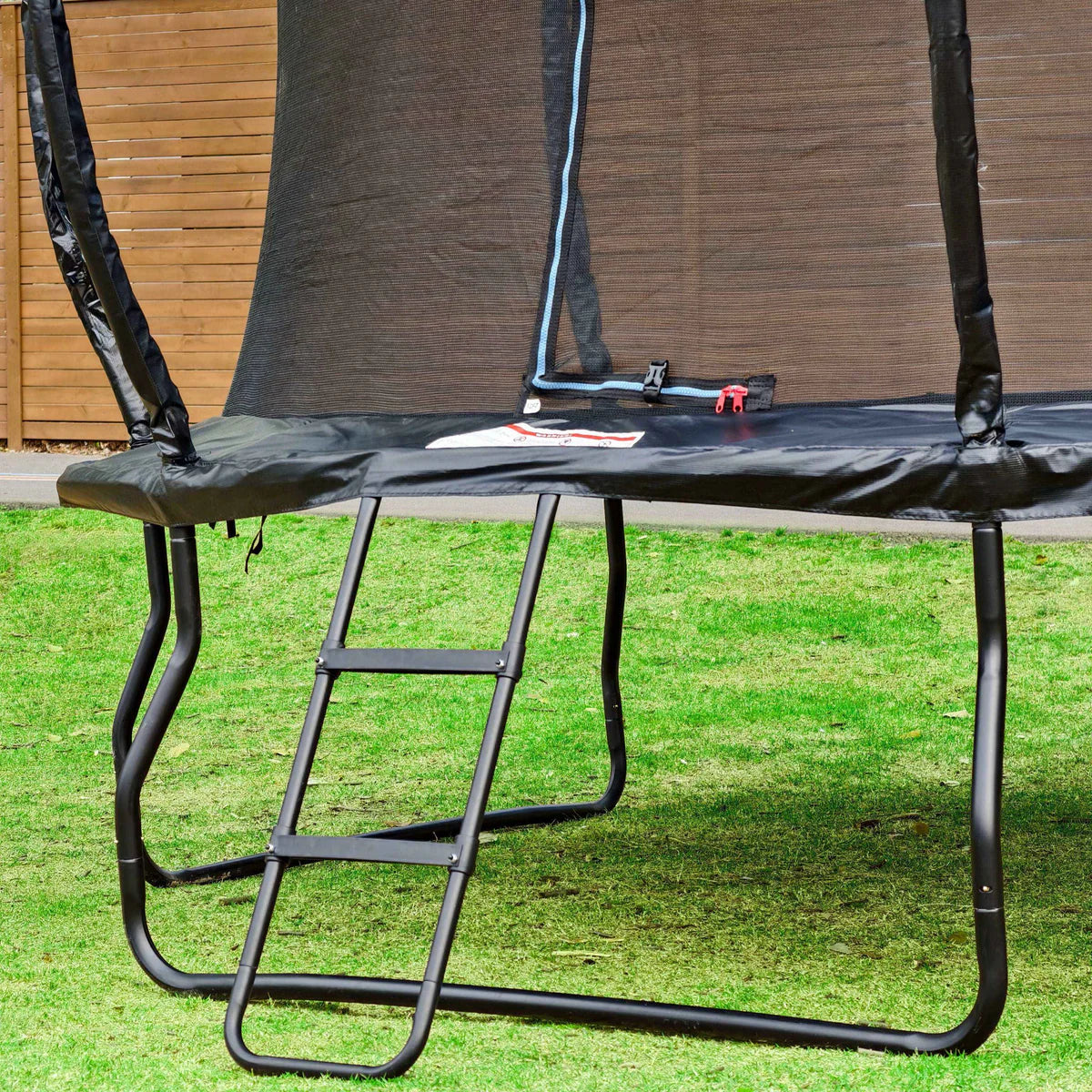 Trampoline with safety net and ladder on grass