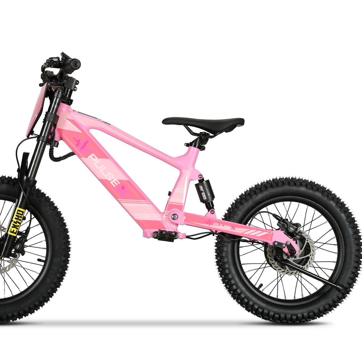 A pink electric mountain bike with fat tires, a black saddle, and black front suspension fork, shown from a side profile on a white background.