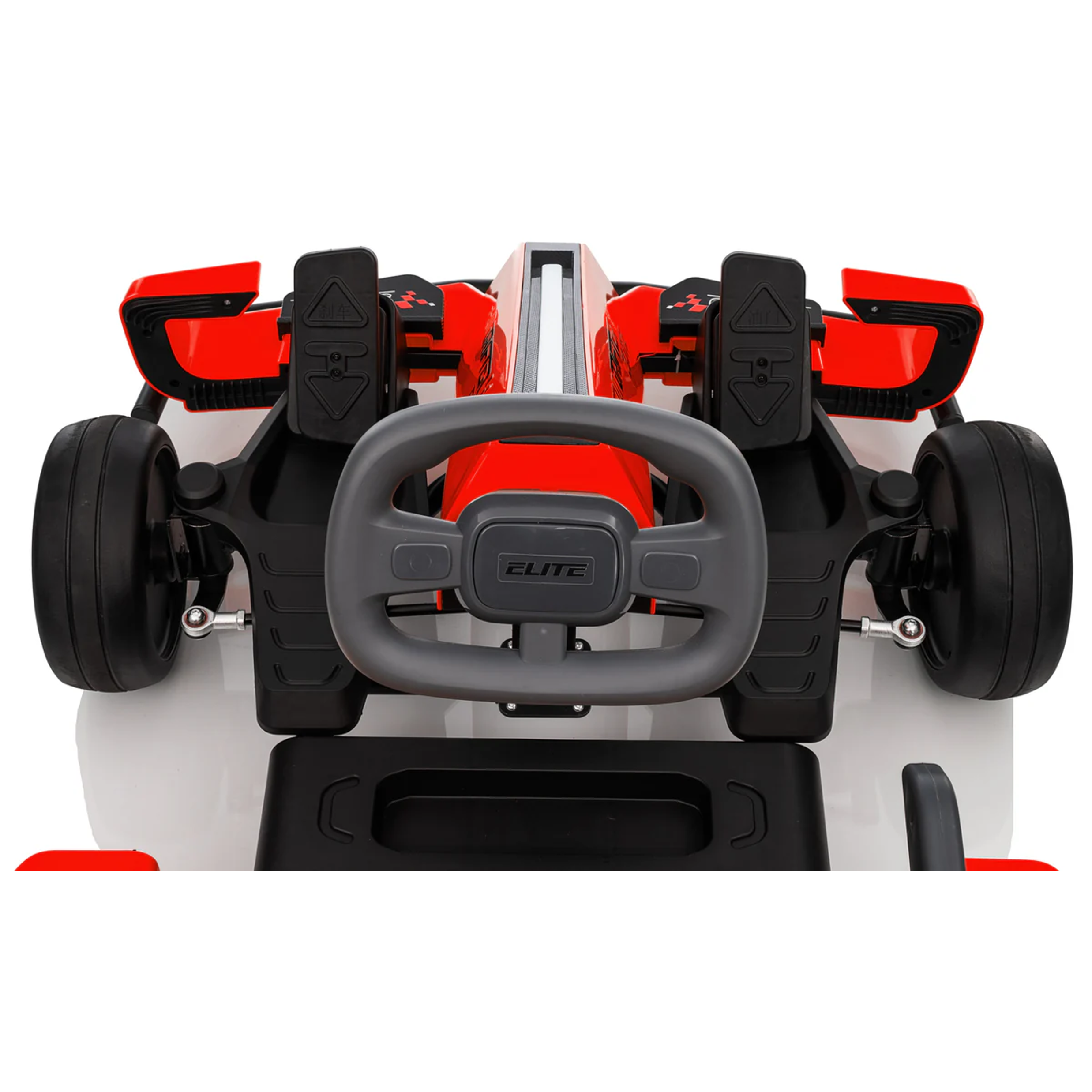 Close-up of a toy go-kart with red and black design on a white background
