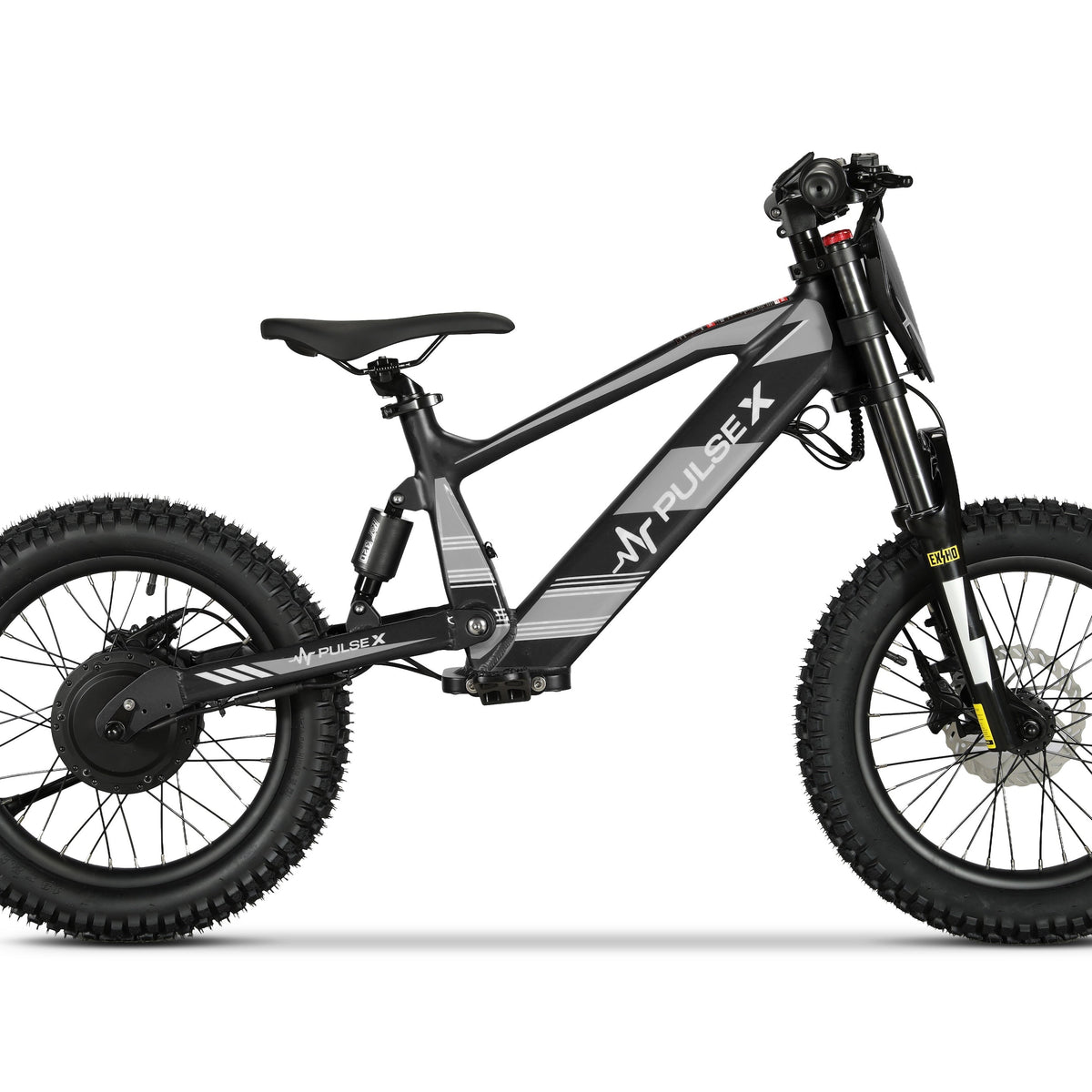 A black and gray electric fat tire bike with a front suspension fork, rear shock, and a visible battery pack in the frame, shown from a side profile on a white background.