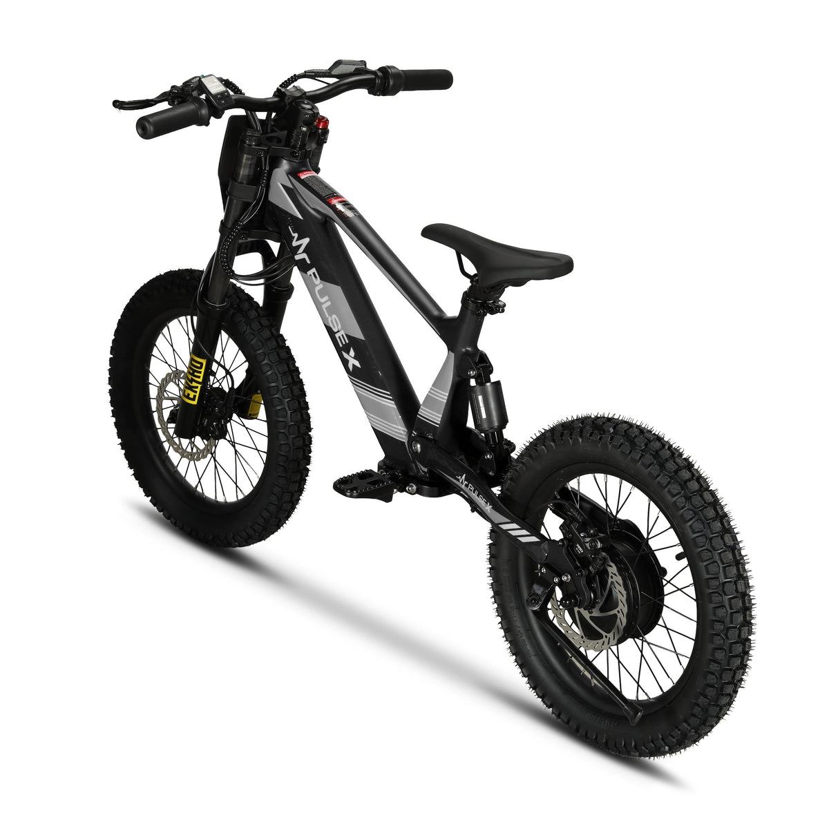 A black and gray electric mountain bike with knobby tires, a suspension fork, and a rear shock, photographed from a three-quarters angle on a white background.