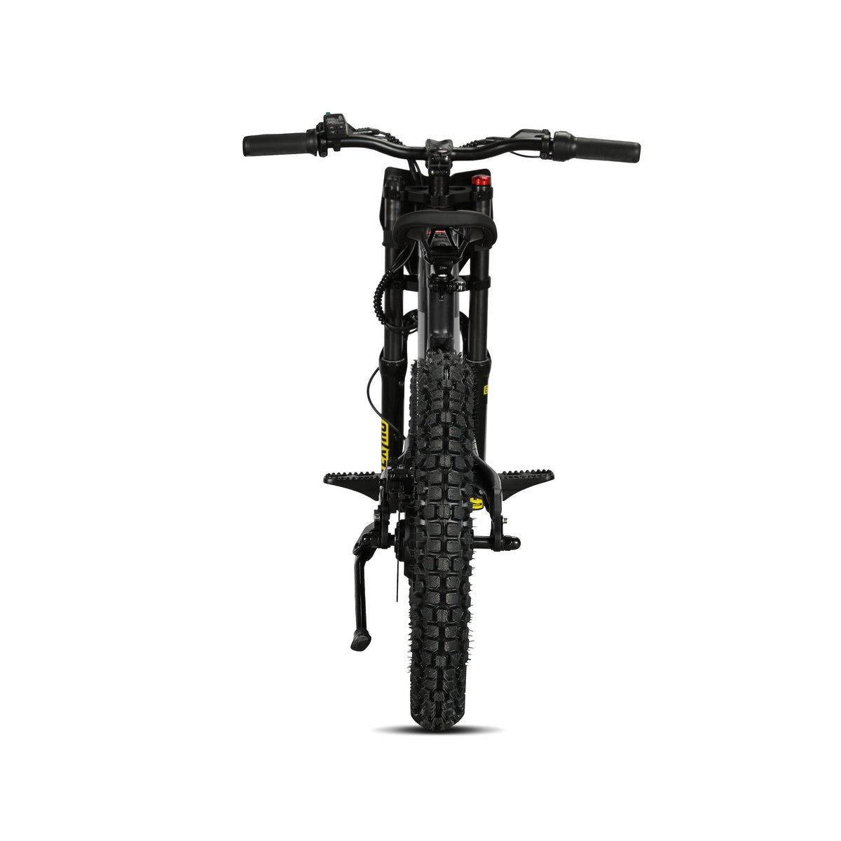 Front view of a black fat tire electric mountain bike with a headlight and front suspension, shown on a solid white background.