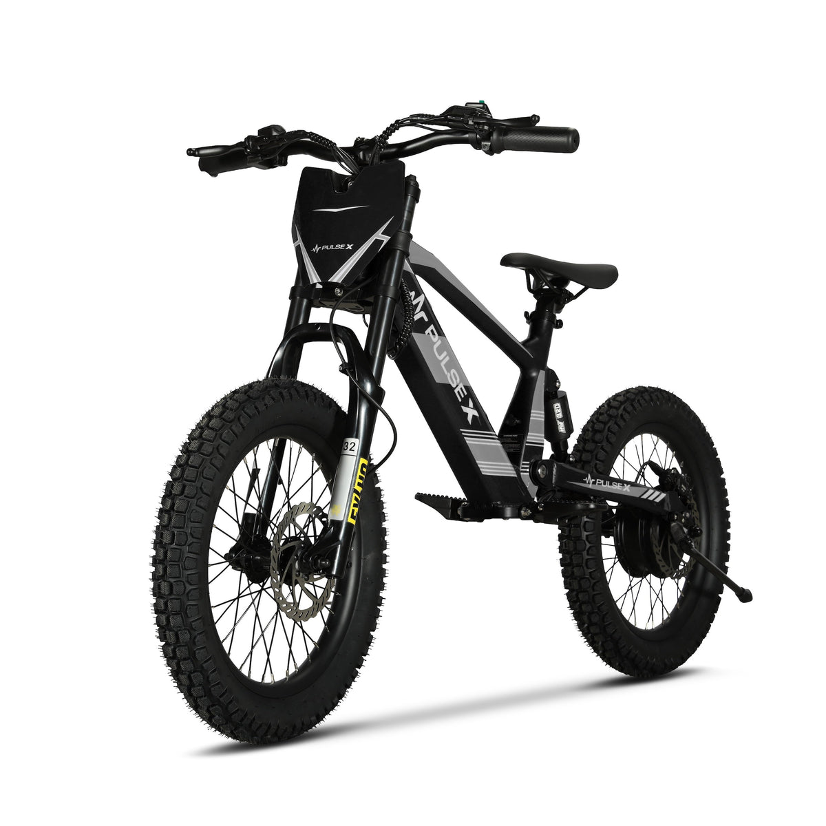 A black electric fat-tire bicycle with a front suspension fork, rear shock, and a black frame featuring white and gray graphics, shown on a solid white background.