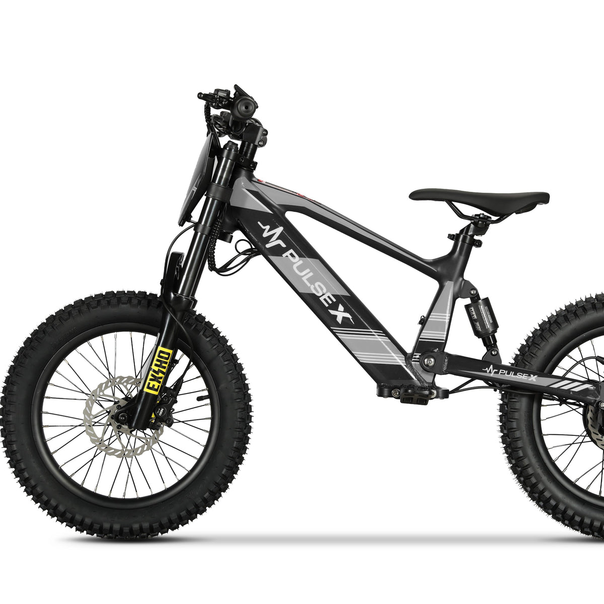 A black and gray electric fat tire bike with a suspension fork, rear shock, and front suspension, shown from a side profile on a white background.
