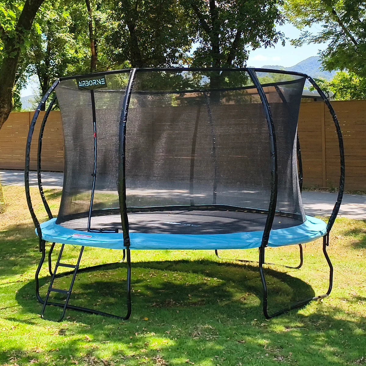 Trampoline with safety net in a grassy area with trees and mountains in the background