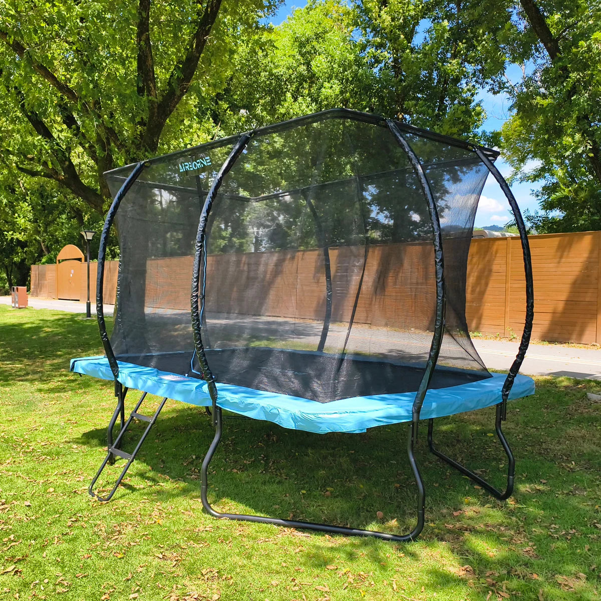 Trampoline with safety net on a grassy area with trees in the background