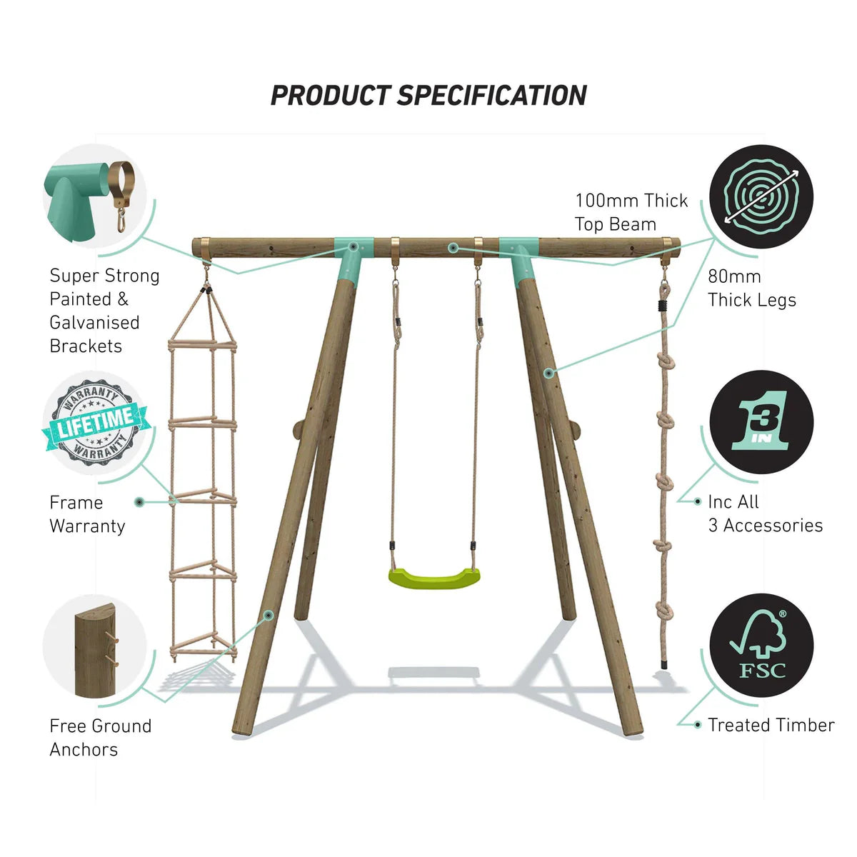 3 in 1 wooden swing set, hanging rope, with yellow, green, blue and red seats, instructions