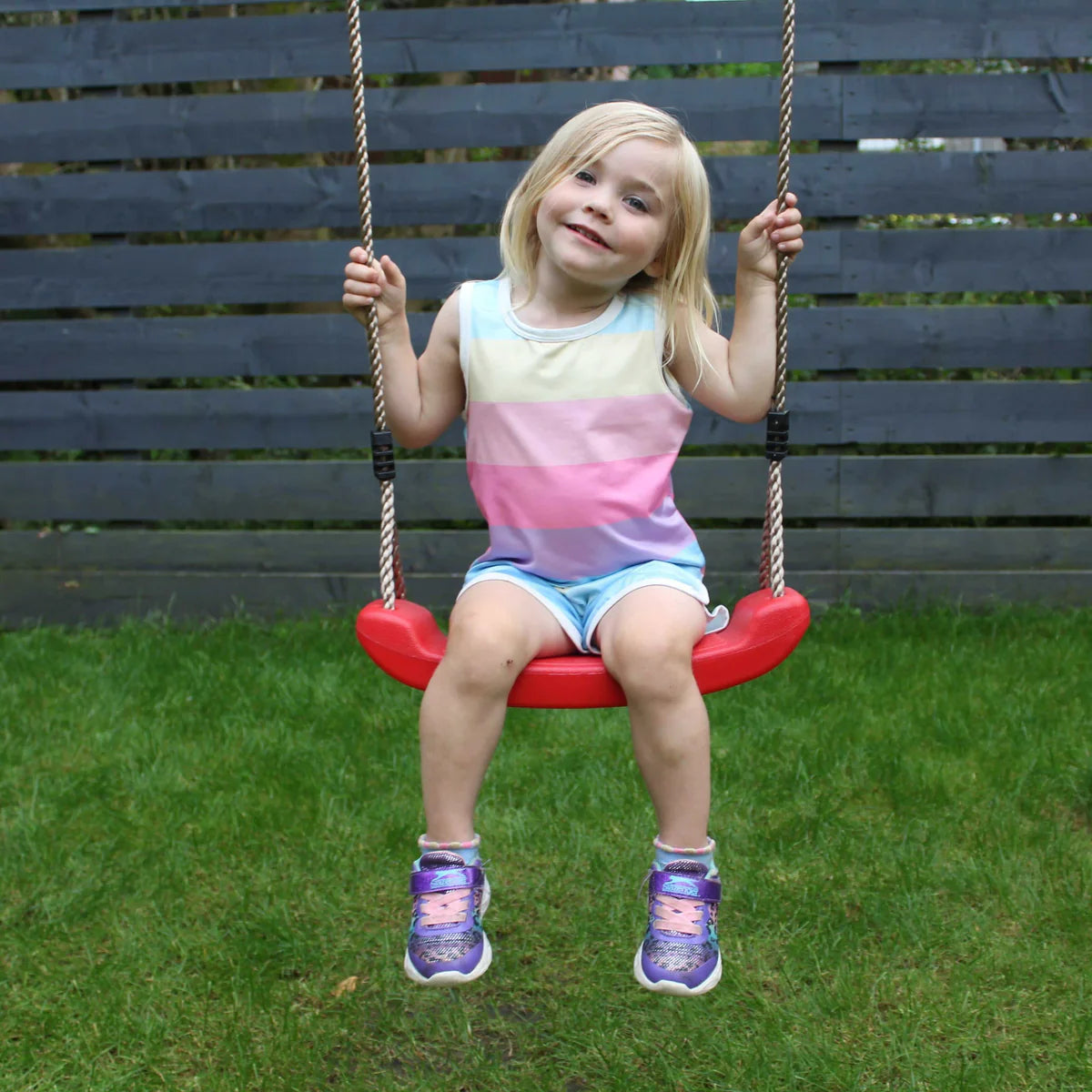 3 in 1 wooden swing set, hanging rope, with yellow, green, blue and red seats