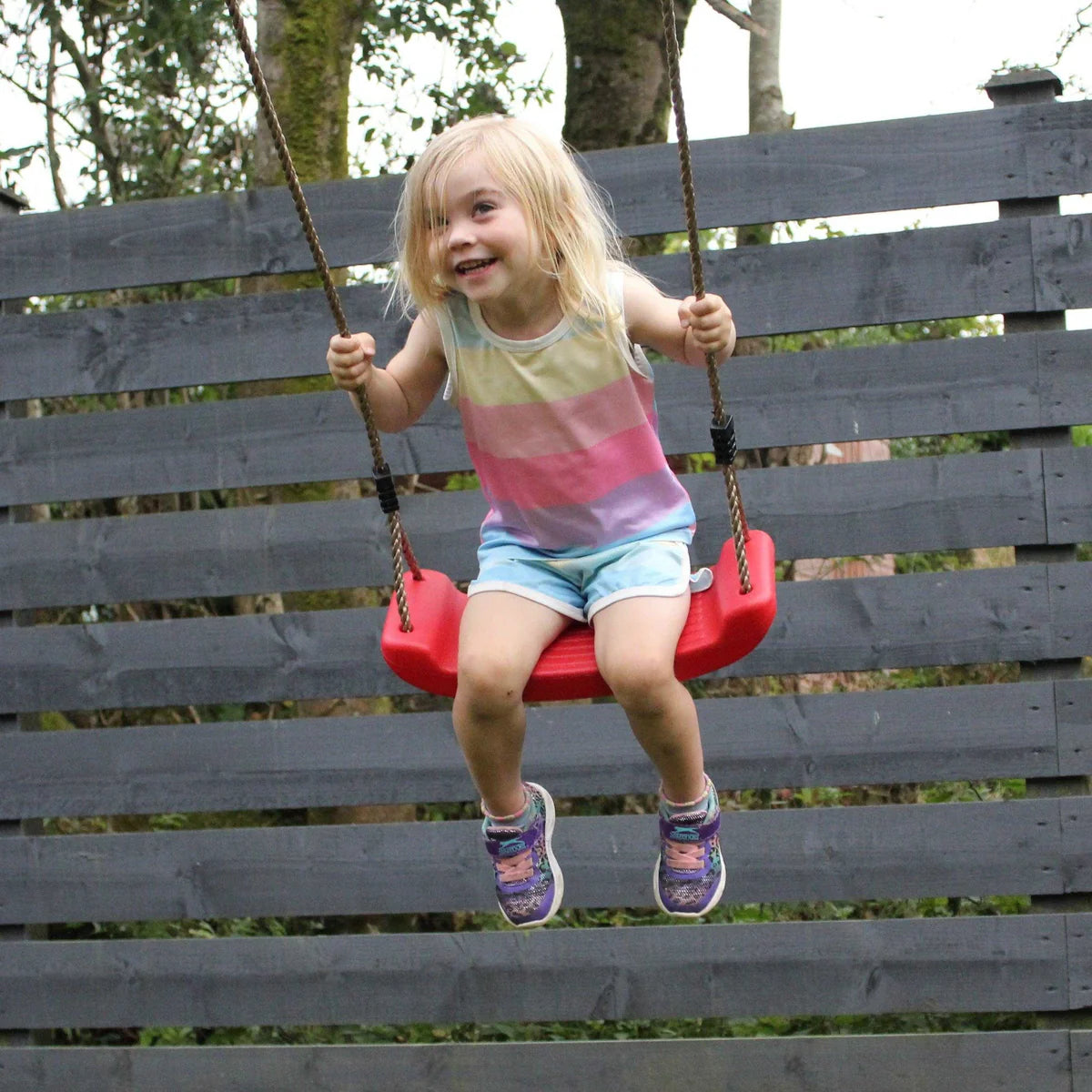 3 in 1 wooden swing set, hanging rope, with yellow, green, blue and red seats
