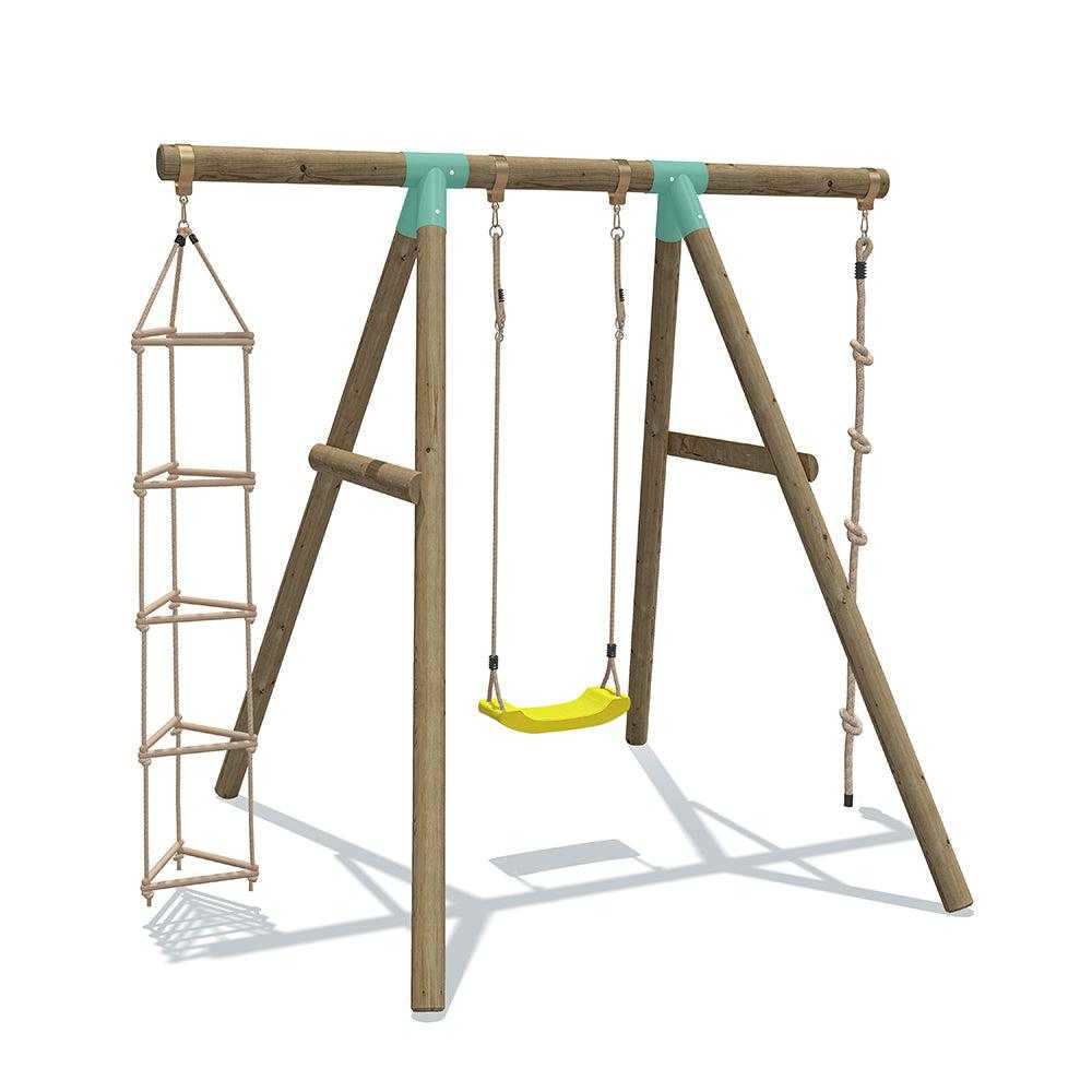 3 in 1 wooden swing set, hanging rope, with yellow, green, blue and red seats