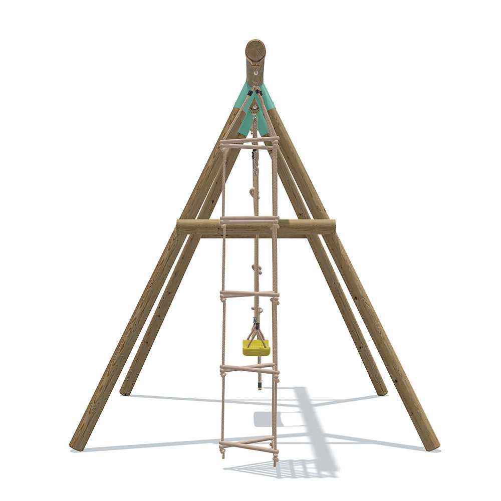 3 in 1 wooden swing set, hanging rope, with yellow, green, blue and red seats
