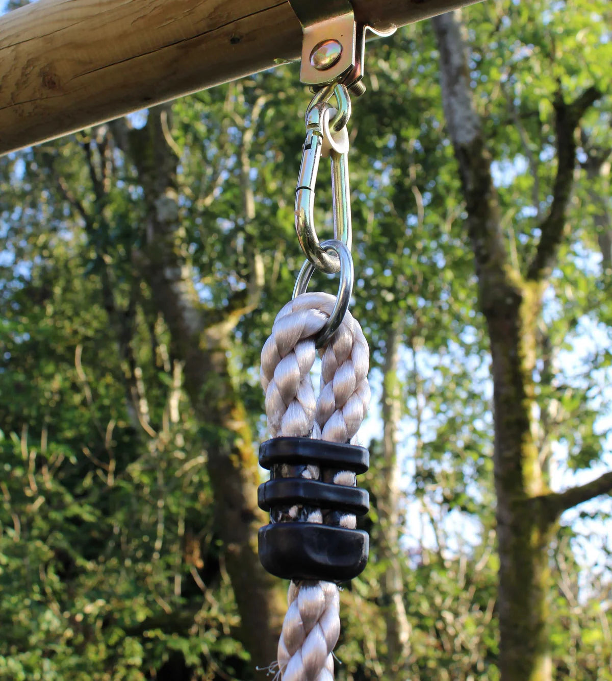 3 in 1 wooden swing set, hanging rope, with yellow, green, blue and red seats