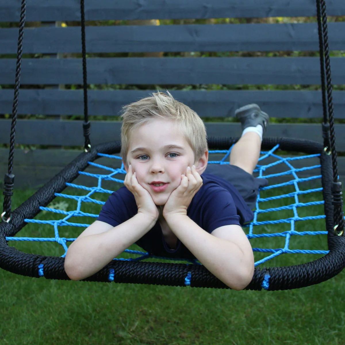 Blue seat for wooden nest swing set